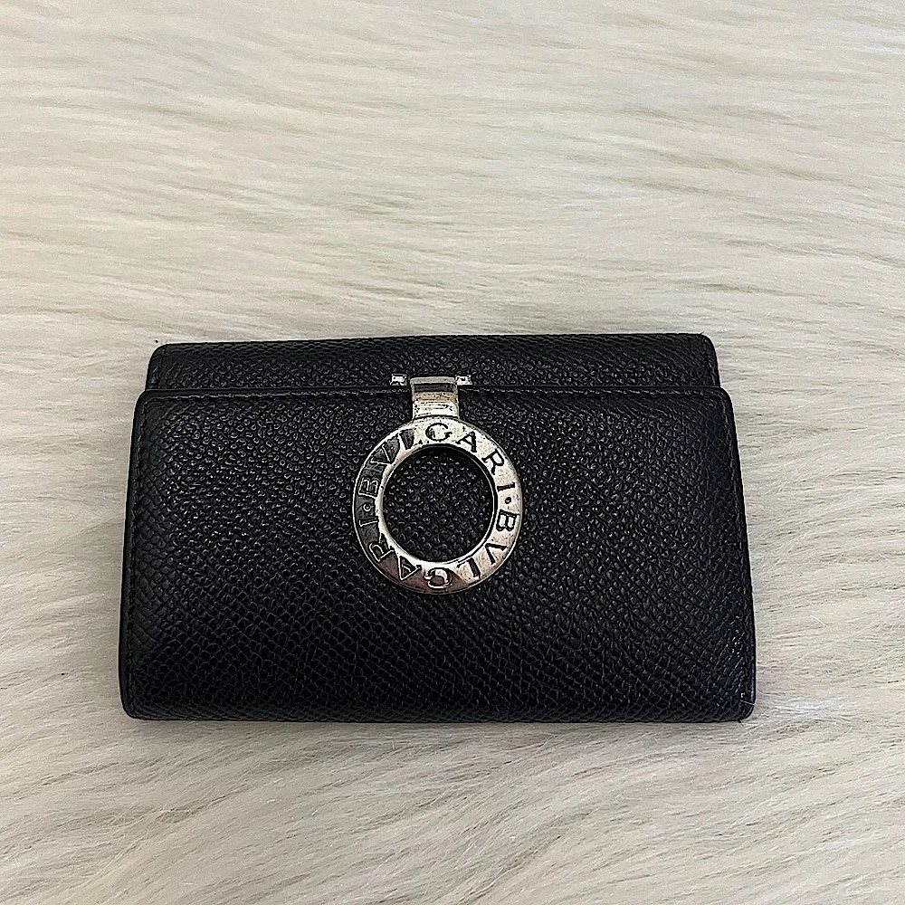 BVLGARI - BLACK SILVER TEXTURED LEATHER COMPACT KEY HOLDER CASE WALLET